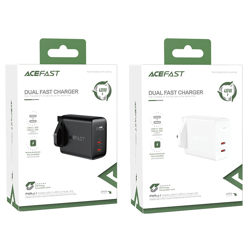 ACEFAST A12 PD40W(USB-C+USB-C) dual port charger,black(UK)