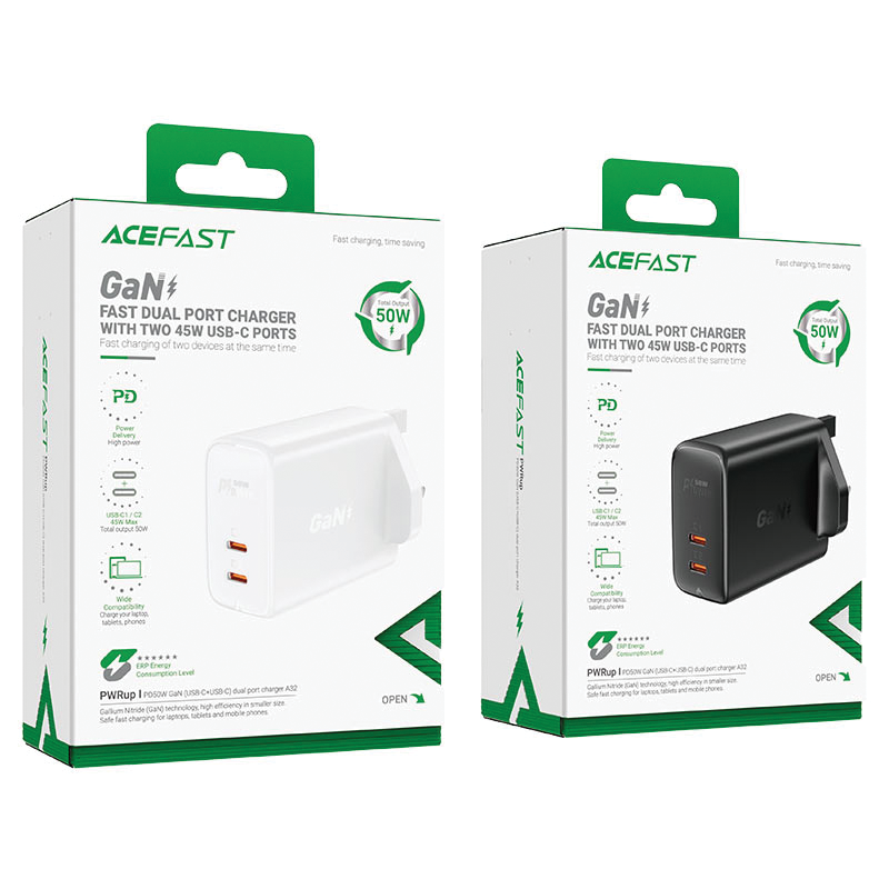 ACEFAST A32 PD50W GaN (USB-C+USB-C) dual port charger (UK) (Black)